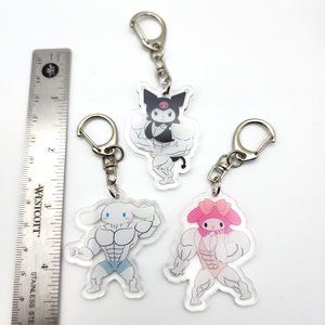 Sanrio Hello Kitty Funny Buff Muscular Double Sided Acrylic Keychain Lot of 3